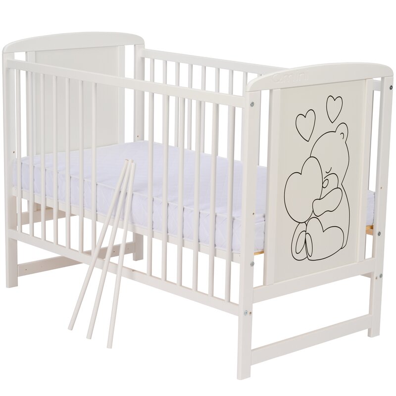 Patut din lemn, 120x60 cm, Din lemn de pin si mdf, Stabil si rezistent, Inaltime saltea reglabila pe 3 nivele, Laterala cu 3 bete detasabile, EN716-1, EN716-2, Alb, Qmini, Timmi Heart + Saltea 8 cm - gogobaby.ro