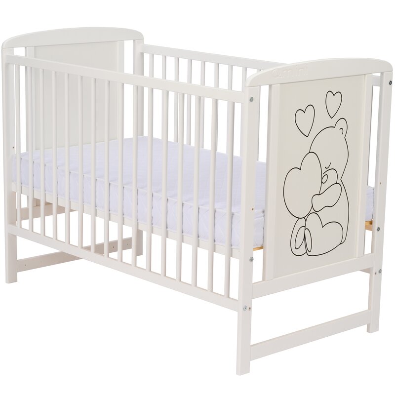 Patut din lemn, 120x60 cm, Din lemn de pin si mdf, Stabil si rezistent, Inaltime saltea reglabila pe 3 nivele, Laterala cu 3 bete detasabile, EN716-1, EN716-2, Alb, Qmini, Timmi Heart + Saltea 8 cm - gogobaby.ro