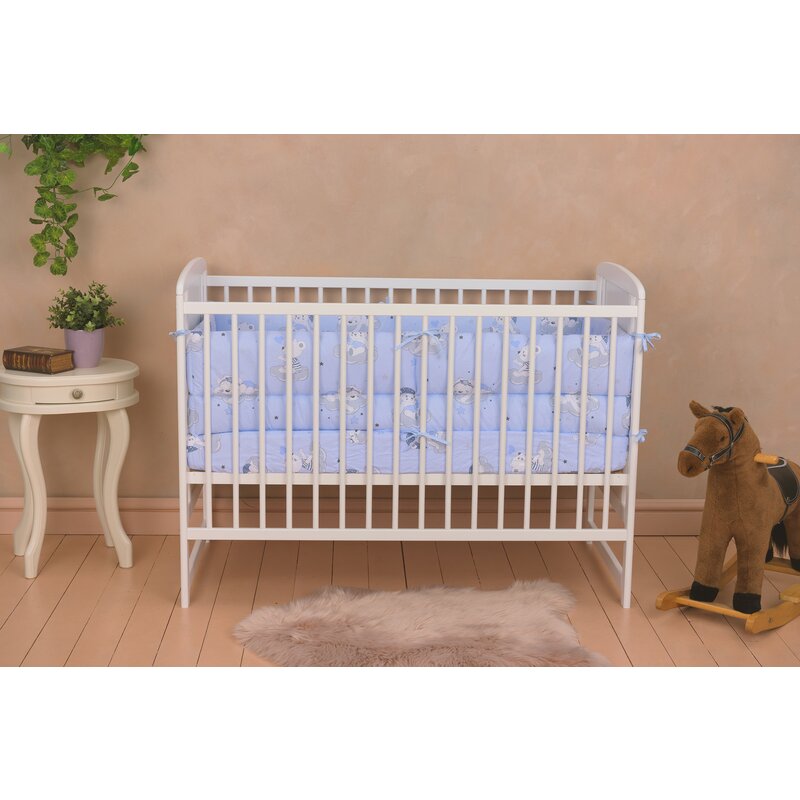 Patut din lemn, 120x60 cm, Din lemn de pin si mdf, Stabil si rezistent, Inaltime saltea reglabila pe 3 nivele, Laterala cu 3 bete detasabile, EN716-1, EN716-2, Alb, Qmini, Timmi Heart + Saltea 8 cm - gogobaby.ro