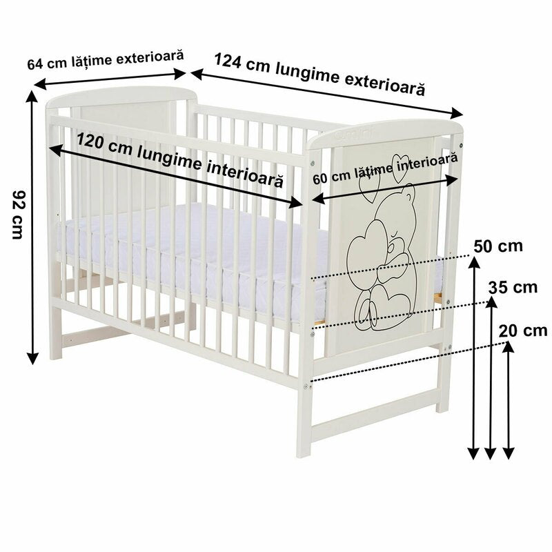 Patut din lemn, 120x60 cm, Din lemn de pin si mdf, Stabil si rezistent, Inaltime saltea reglabila pe 3 nivele, Laterala cu 3 bete detasabile, EN716-1, EN716-2, Alb, Qmini, Timmi Heart + Saltea 8 cm - gogobaby.ro