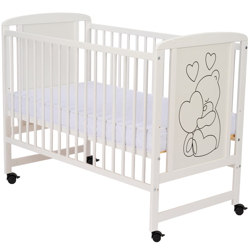Patut din lemn, 120x60 cm, Din lemn de pin si mdf, Stabil si rezistent, Inaltime saltea reglabila pe 3 nivele, Laterala cu 3 bete detasabile, EN716-1, EN716-2, Alb, Qmini, Timmi Heart + Saltea 8 cm - gogobaby.ro