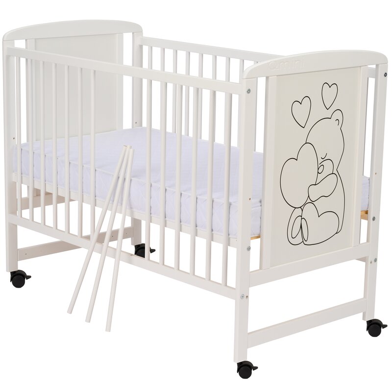 Patut din lemn, 120x60 cm, Din lemn de pin si mdf, Stabil si rezistent, Inaltime saltea reglabila pe 3 nivele, Laterala cu 3 bete detasabile, EN716-1, EN716-2, Alb, Qmini, Timmi Heart + Saltea 8 cm - gogobaby.ro