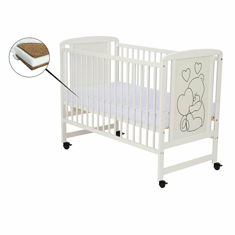 Patut din lemn, 120x60 cm, Din lemn de pin si mdf, Stabil si rezistent, Inaltime saltea reglabila pe 3 nivele, Laterala cu 3 bete detasabile, EN716-1, EN716-2, Alb, Qmini, Timmi Heart + Saltea 8 cm - gogobaby.ro