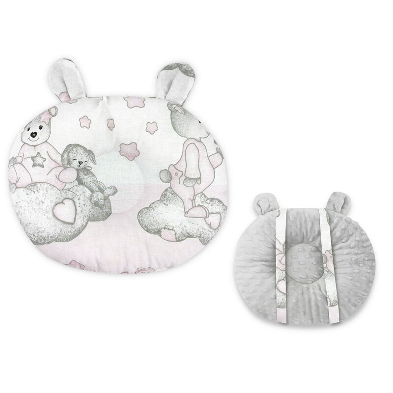 Perna bebelusi, Qmini, Ursulet, Multifunctionala, Cu doua fete, Tesatura pufoasa minky si bumbac, Materiale certificate Oeko Tex Standard 100, 30x23 cm, Minky Teddy Bear with Pink Heart - gogobaby.ro