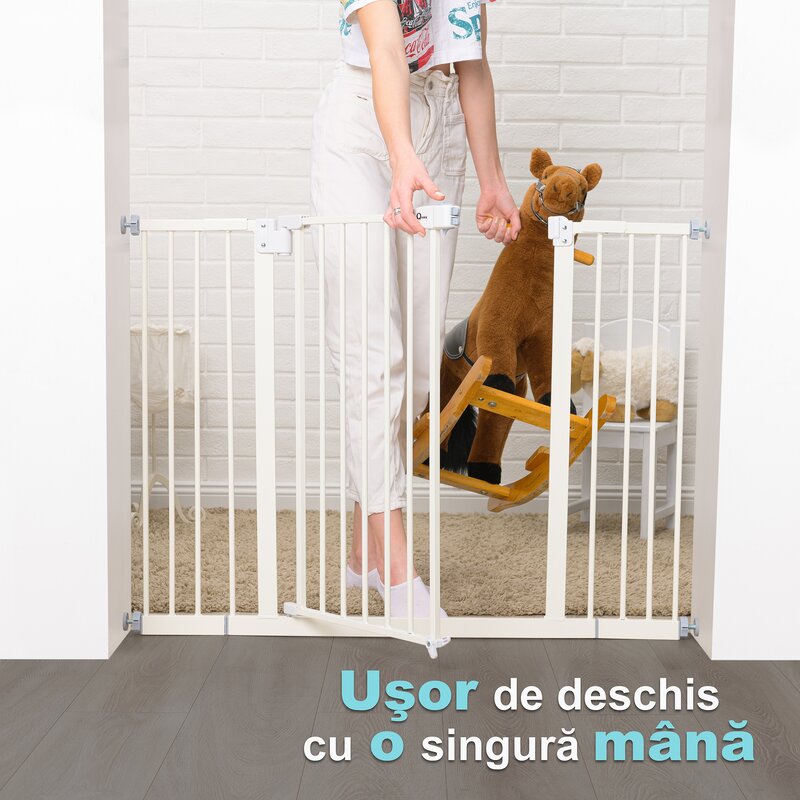 Poarta siguranta, Qmini, Thor, 74 - 109.4 cm, Inchidere automata, Sistem dublu de blocare, Otel, Garantie extinsa:3 ani, ASTM1004 si EN1930-2011, Alb - gogobaby.ro