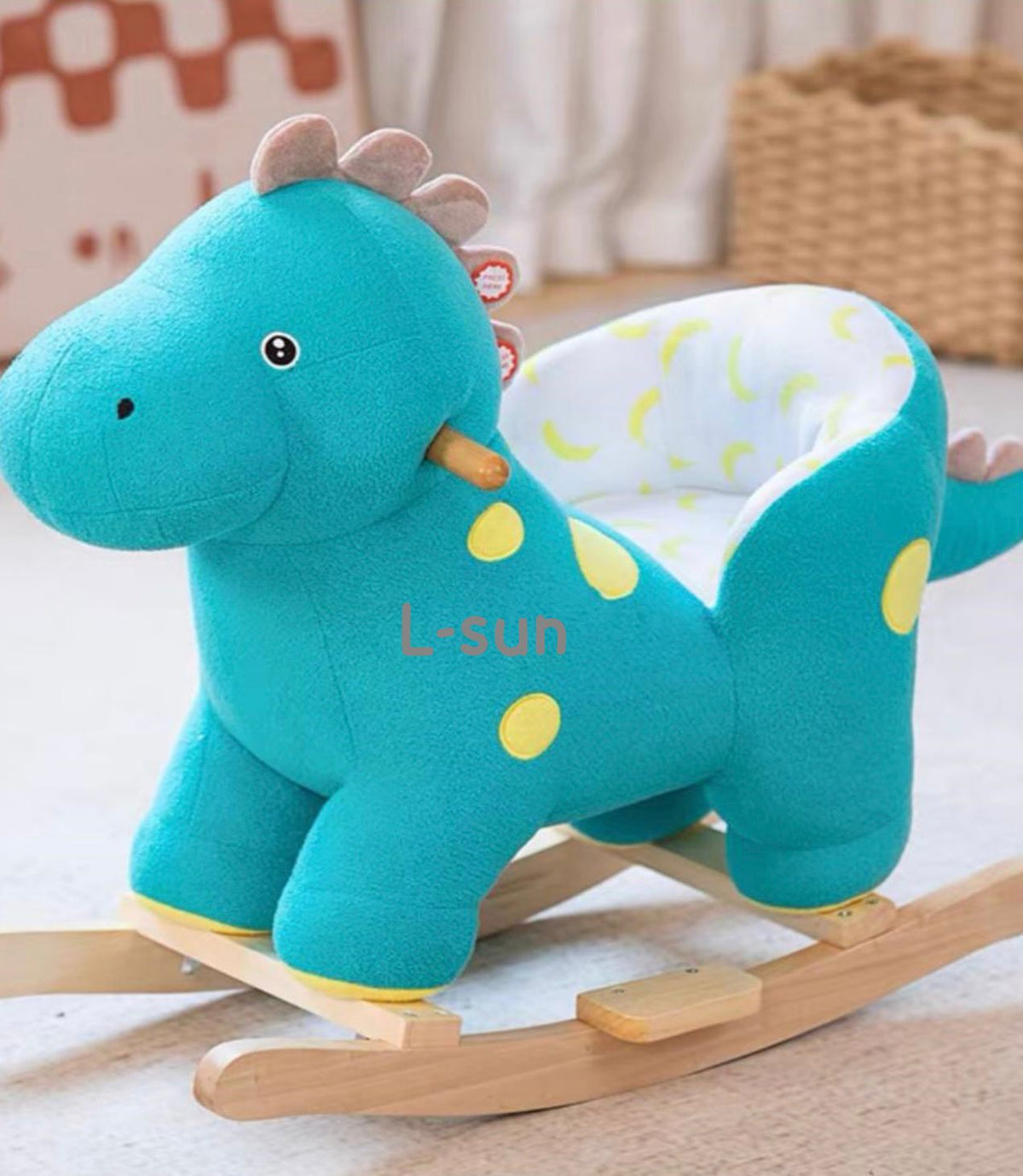Balansoar sub forma de animal de plus, cu roti din lemn, cu muzica distractiva, dinozaur turcoaz - gogobaby.ro