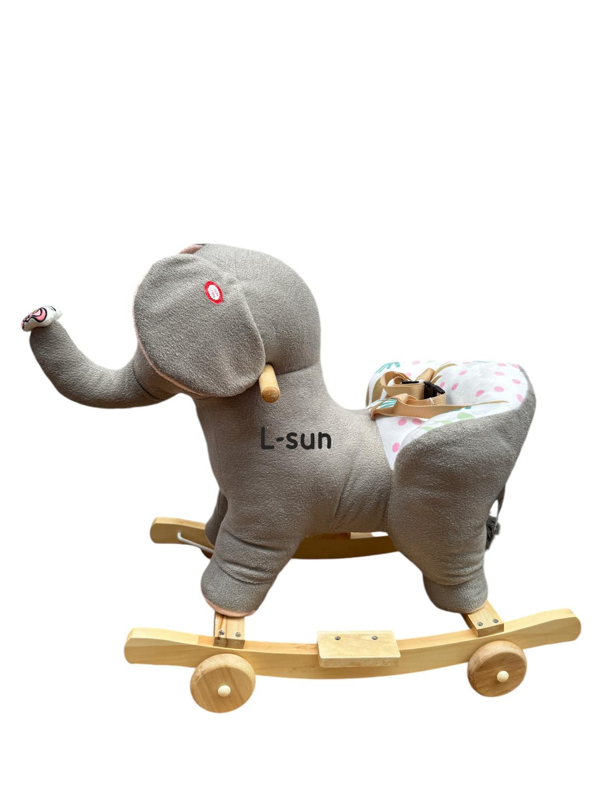 Balansoar sub forma de animal de plus, cu roti din lemn, cu muzica distractiva, elefantel - gogobaby.ro
