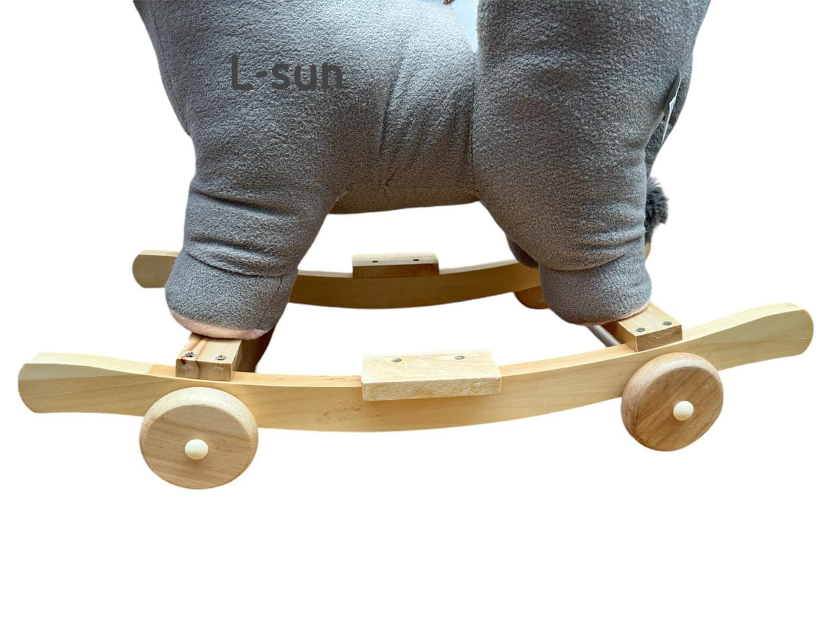 Balansoar sub forma de animal de plus, cu roti din lemn, cu muzica distractiva, elefantel - gogobaby.ro