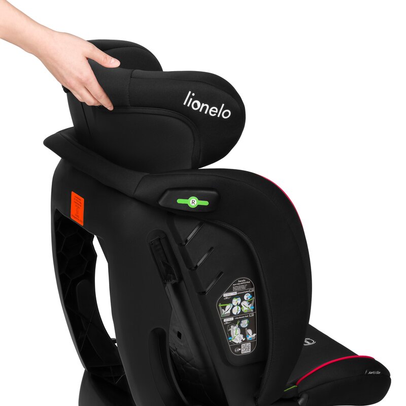 Scaun auto, Lionelo, Aart i-Size, Cu spatar inclinabil in 4 pozitii, Cu tetiera reglabila in 13 pozitii, 0-36 Kg, 40-150 cm, Cu centura siguranta in 3 puncte, Conform cu ECE R129/03, Negru/Rosu - gogobaby.ro