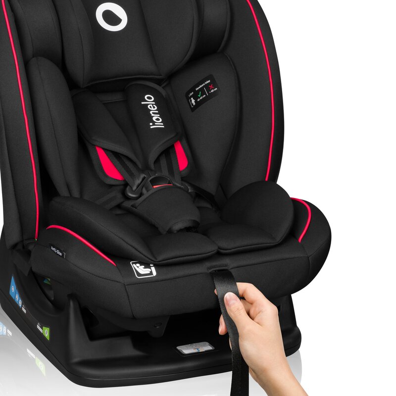Scaun auto, Lionelo, Aart i-Size, Cu spatar inclinabil in 4 pozitii, Cu tetiera reglabila in 13 pozitii, 0-36 Kg, 40-150 cm, Cu centura siguranta in 3 puncte, Conform cu ECE R129/03, Negru/Rosu - gogobaby.ro