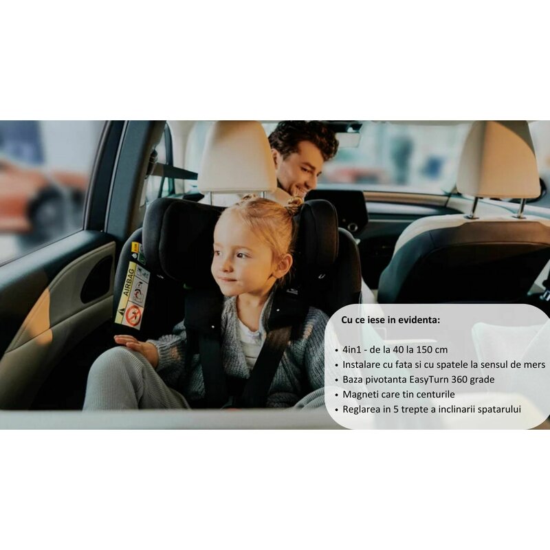 Scaun auto, Lionelo, Brave i-Size, 4 in 1, Rotire 360 grade, Protectie laterala, Cu spatar inclinabil in 5 pozitii, Cu tetiera reglabila in 12 pozitii, 0-36 Kg, 40-150 cm, Cu Isofix, Conform cu ECE R129, Gri