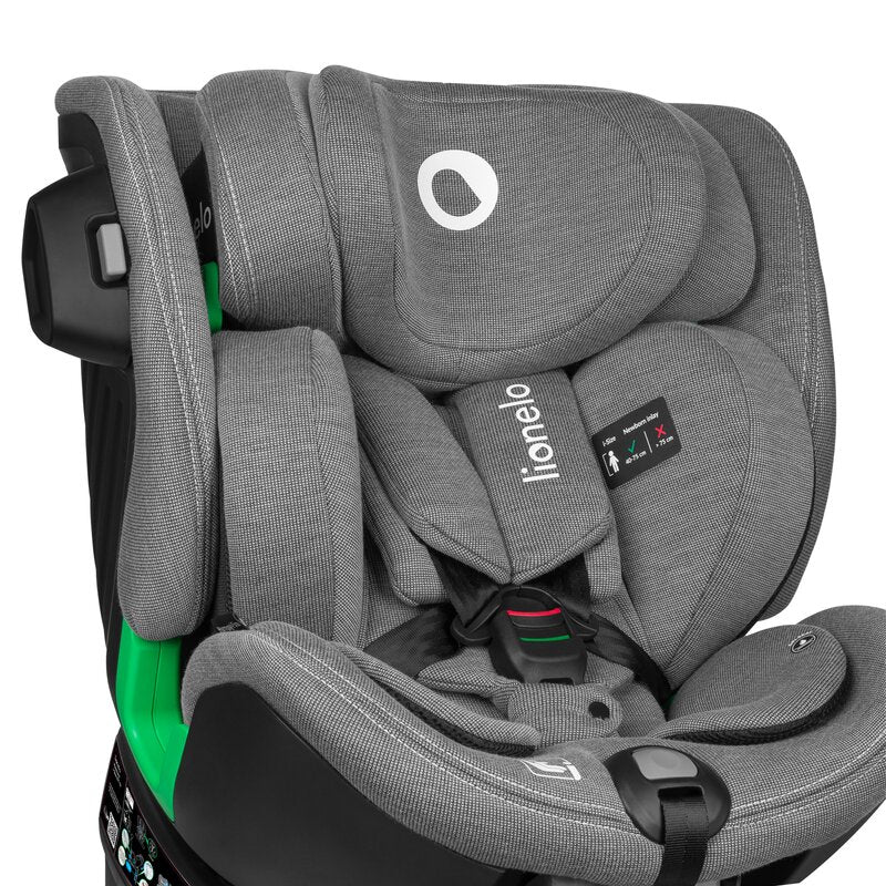 Scaun auto, Lionelo, Harmony i-Size, Rotire 360 grade, Protectie laterala, Cu spatar reglabil in 5 pozitii, Cu tetiera reglabila in 12 pozitii, 0-36 Kg, 40-150 cm, Cu Isofix, Husa din bambus, Conform cu ECE R129, Gri deschis - gogobaby.ro