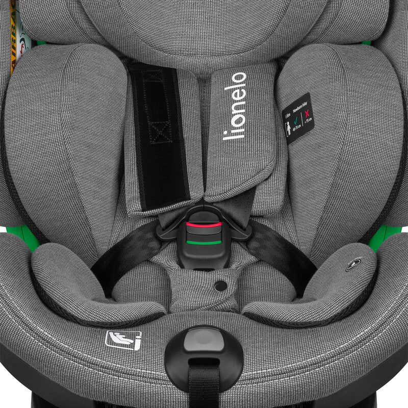 Scaun auto, Lionelo, Harmony i-Size, Rotire 360 grade, Protectie laterala, Cu spatar reglabil in 5 pozitii, Cu tetiera reglabila in 12 pozitii, 0-36 Kg, 40-150 cm, Cu Isofix, Husa din bambus, Conform cu ECE R129, Gri deschis - gogobaby.ro