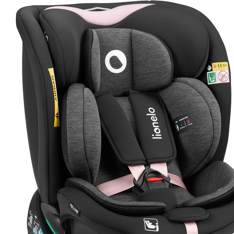Scaun auto, Lionelo, i-Size Navy, 0-36 Kg, 40-150 cm, Cu isofix si picior de fixare, Protectie laterala, Rotire 360 grade, Ajustare spatar in 4 pozitii, Tetiera reglabila in 11 trepte, Conform cu R129, Negru/Roz - gogobaby.ro
