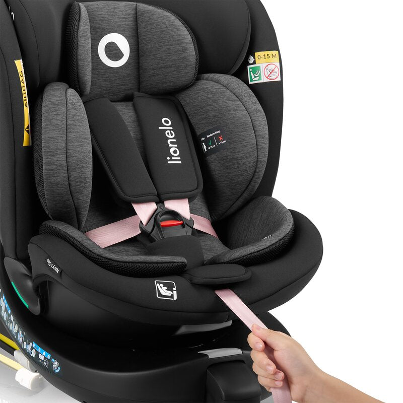 Scaun auto, Lionelo, i-Size Navy, 0-36 Kg, 40-150 cm, Cu isofix si picior de fixare, Protectie laterala, Rotire 360 grade, Ajustare spatar in 4 pozitii, Tetiera reglabila in 11 trepte, Conform cu R129, Negru/Roz - gogobaby.ro