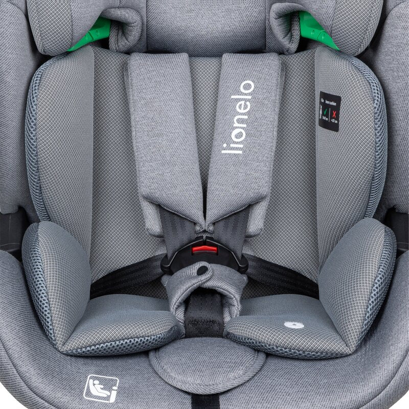 Scaun auto, Lionelo, Lavender I-size, Isofix, Cu centura TopTether, Cu spatar inclinabil in 5 pozitii, Cu tetiera reglabila in 13 pozitii, Instalare cu fata inainte, 9-36 Kg, 76-150 cm, Conform cu ECE R129, Gri - gogobaby.ro