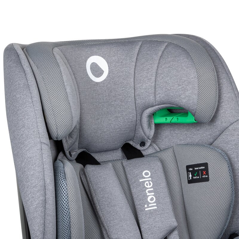 Scaun auto, Lionelo, Lavender I-size, Isofix, Cu centura TopTether, Cu spatar inclinabil in 5 pozitii, Cu tetiera reglabila in 13 pozitii, Instalare cu fata inainte, 9-36 Kg, 76-150 cm, Conform cu ECE R129, Gri - gogobaby.ro