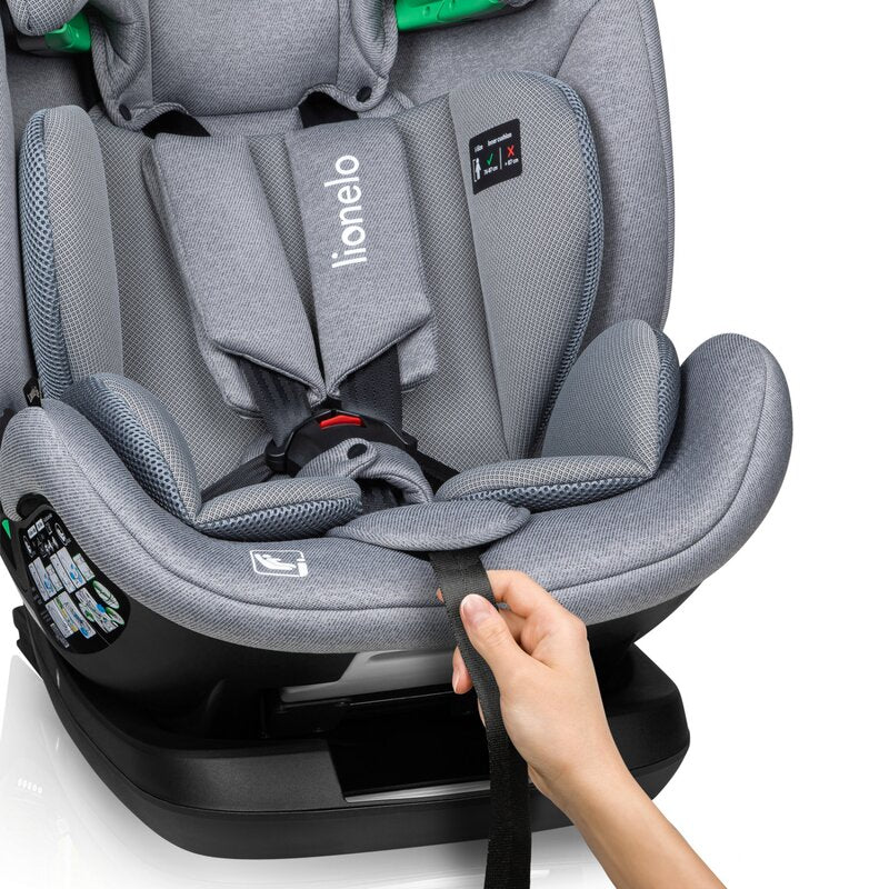 Scaun auto, Lionelo, Lavender I-size, Isofix, Cu centura TopTether, Cu spatar inclinabil in 5 pozitii, Cu tetiera reglabila in 13 pozitii, Instalare cu fata inainte, 9-36 Kg, 76-150 cm, Conform cu ECE R129, Gri - gogobaby.ro