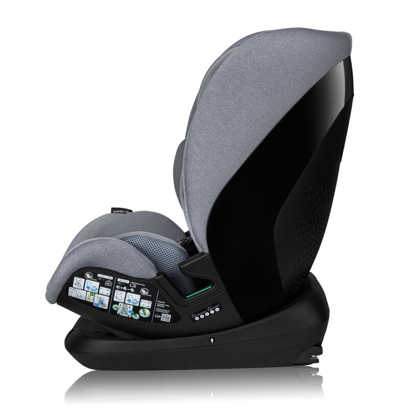 Scaun auto, Lionelo, Lavender I-size, Isofix, Cu centura TopTether, Cu spatar inclinabil in 5 pozitii, Cu tetiera reglabila in 13 pozitii, Instalare cu fata inainte, 9-36 Kg, 76-150 cm, Conform cu ECE R129, Gri - gogobaby.ro