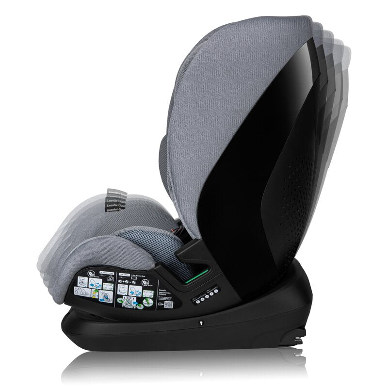 Scaun auto, Lionelo, Lavender I-size, Isofix, Cu centura TopTether, Cu spatar inclinabil in 5 pozitii, Cu tetiera reglabila in 13 pozitii, Instalare cu fata inainte, 9-36 Kg, 76-150 cm, Conform cu ECE R129, Gri - gogobaby.ro