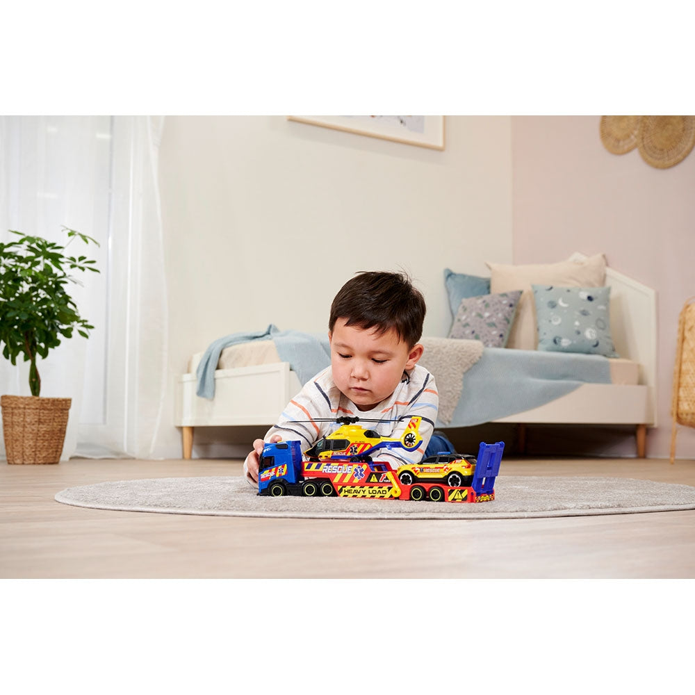 Set Dickie Toys Rescue Transporter 40 cm cu camion, masina, elicopter si accesorii - gogobaby.ro