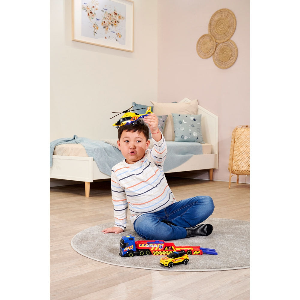Set Dickie Toys Rescue Transporter 40 cm cu camion, masina, elicopter si accesorii - gogobaby.ro