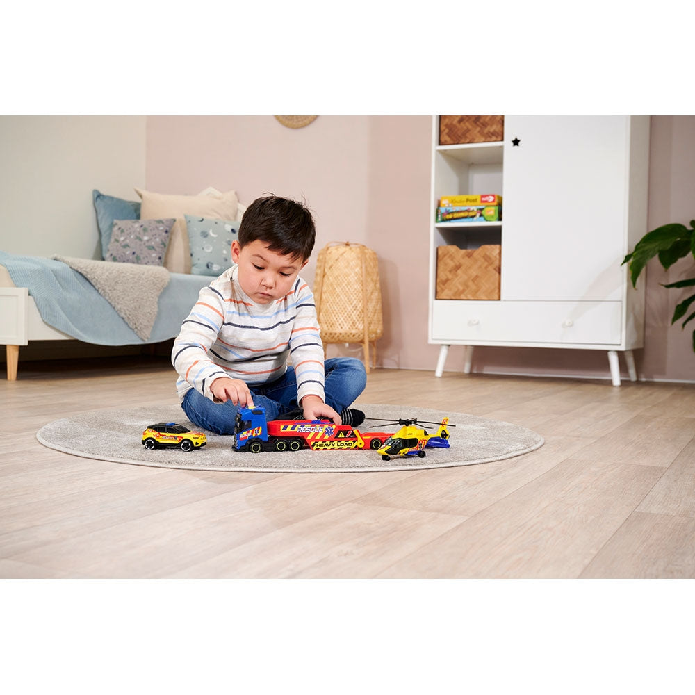 Set Dickie Toys Rescue Transporter 40 cm cu camion, masina, elicopter si accesorii - gogobaby.ro