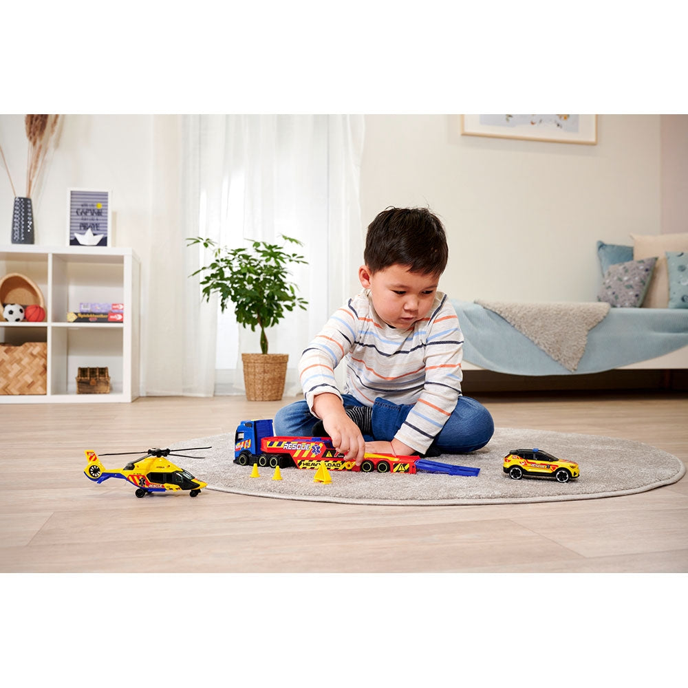 Set Dickie Toys Rescue Transporter 40 cm cu camion, masina, elicopter si accesorii - gogobaby.ro