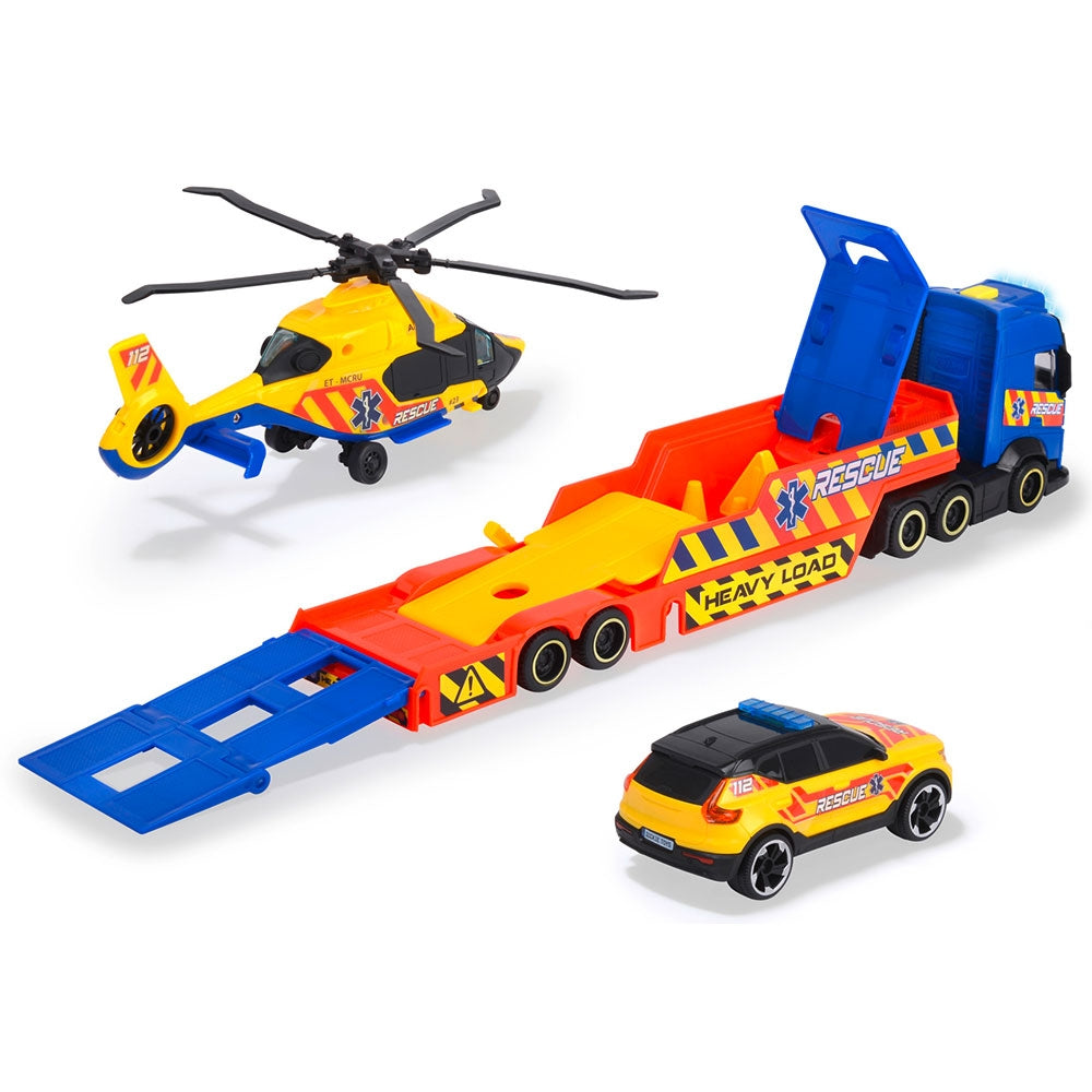 Set Dickie Toys Rescue Transporter 40 cm cu camion, masina, elicopter si accesorii - gogobaby.ro