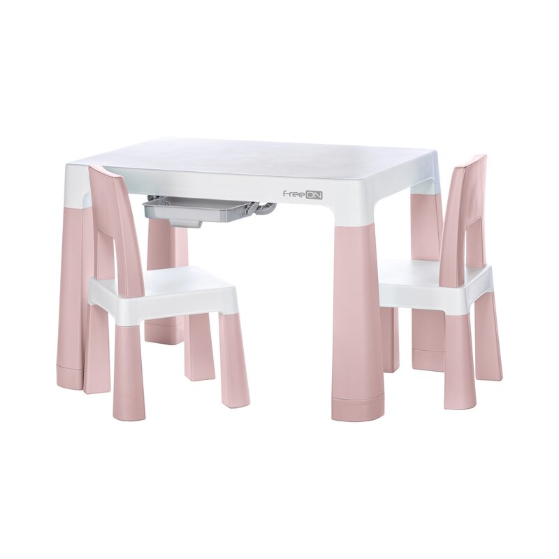 Set masuta si doua scaune, FreeON, Neo, Pentru copii, Cu doua sertare, Cu masa reglabila la doua inaltimi, Conform cu standardele europene de securitate EN71-1;2018, EN71-2:2020, EN71-3:2021, Roz - gogobaby.ro
