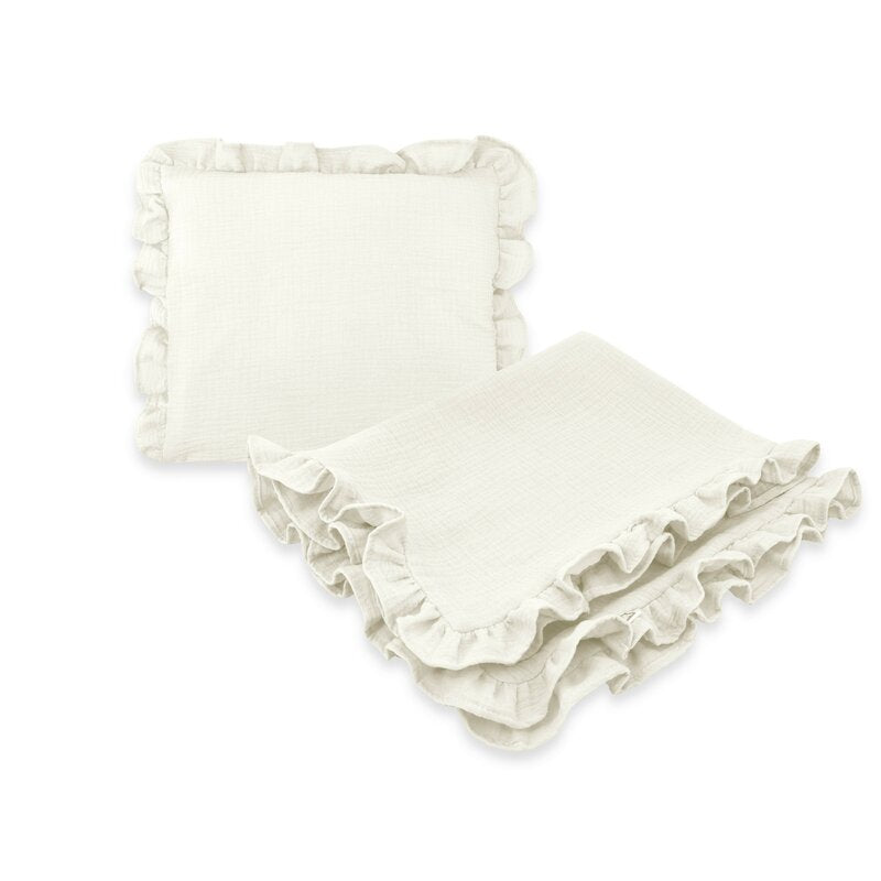 Set paturica si perna, MimiNu, Cu fata de perna inclusa Din muselina bumbac certificat Oeko Tex Standard 100, Perna 30x35cm, Paturica 60x70cm, Cu volane, Cream - gogobaby.ro