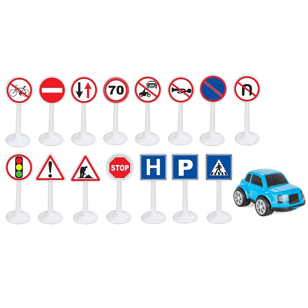 Set Pilsan Jucarie indicatoare rutiere Mini Traffic Signs cu masinuta - gogobaby.ro