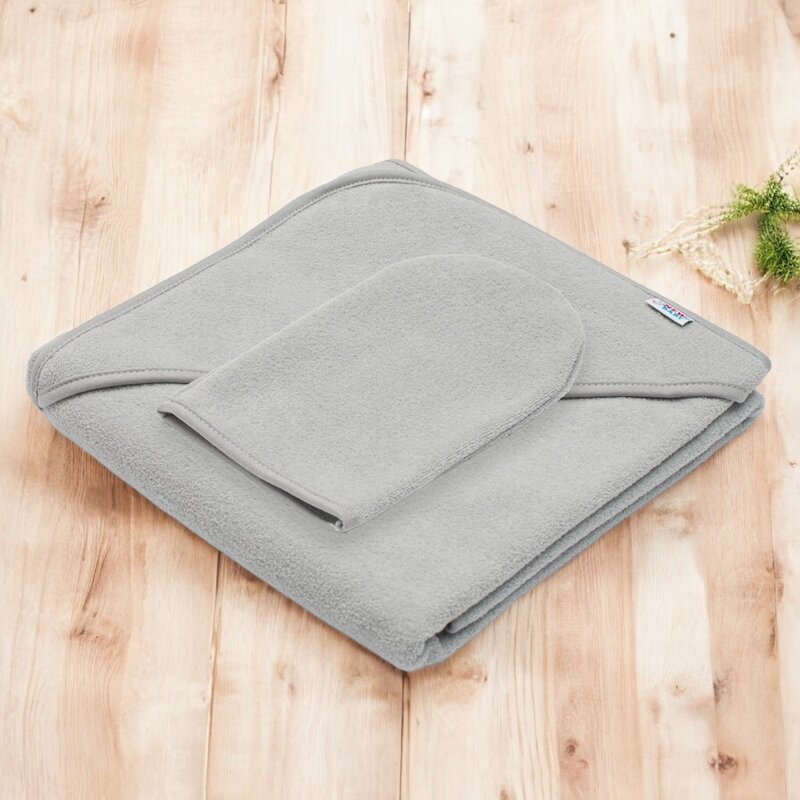 Set prosop cu gluga si manusa baie, New Baby, Dimensiune 80 x 80 cm, Basic, Gray