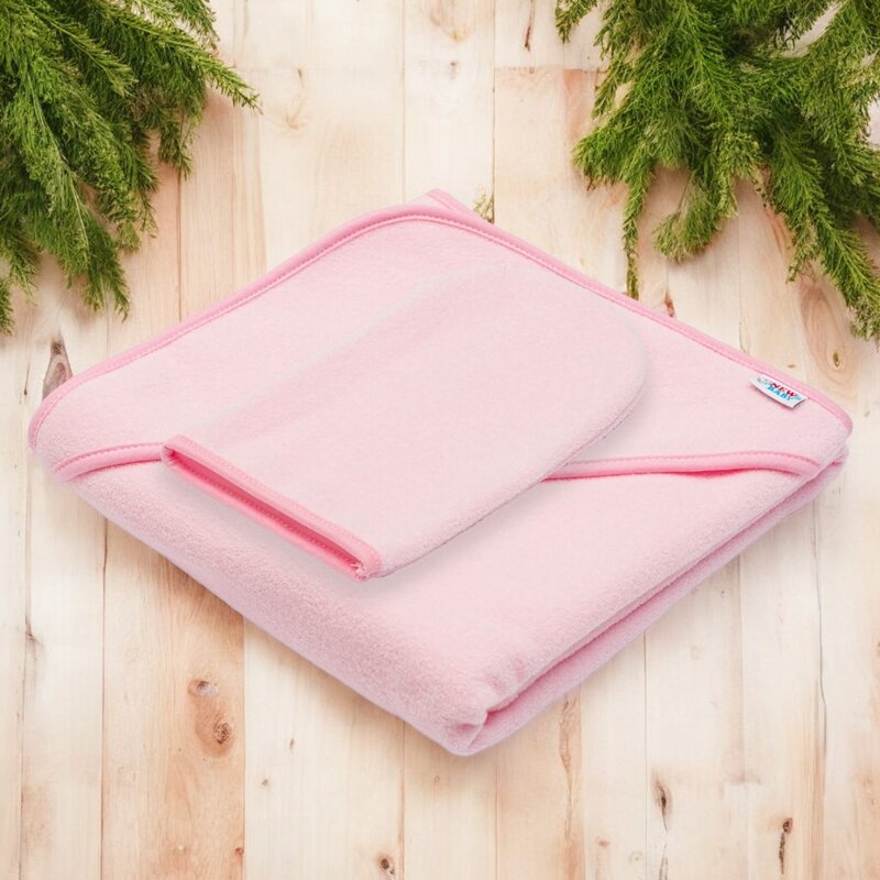 Set prosop cu gluga si manusa baie, New Baby, Dimensiune 80 x 80 cm, Basic, Pink - gogobaby.ro