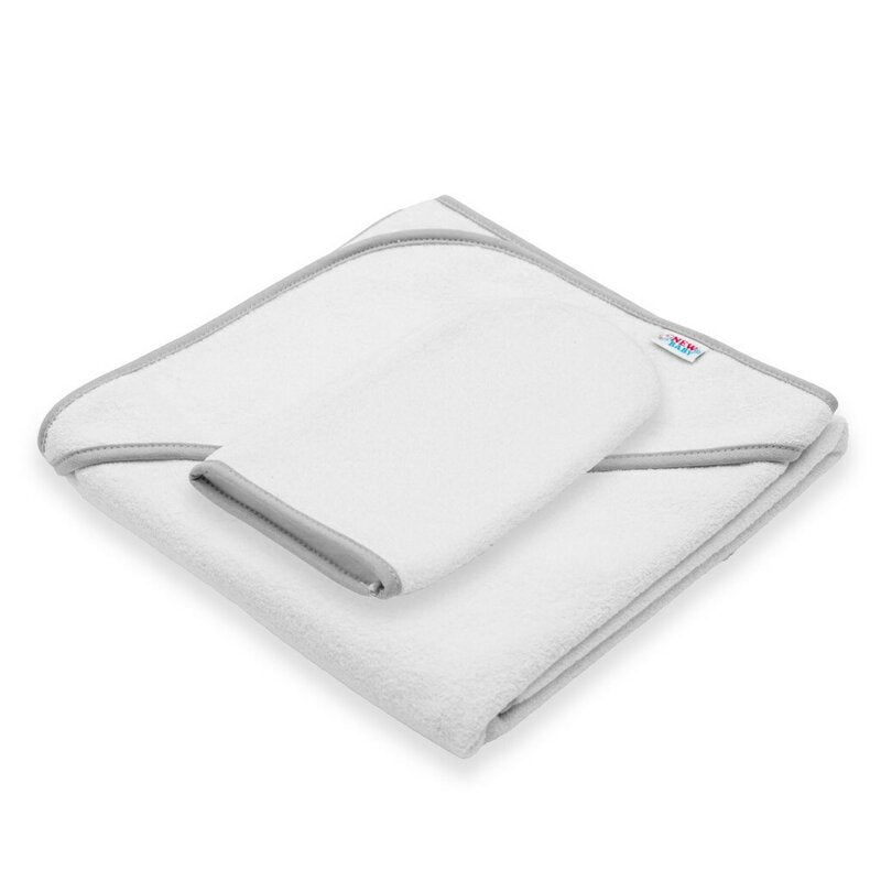 Set prosop cu gluga si manusa baie, New Baby, Dimensiune 80 x 80 cm, Basic, White-gray - gogobaby.ro