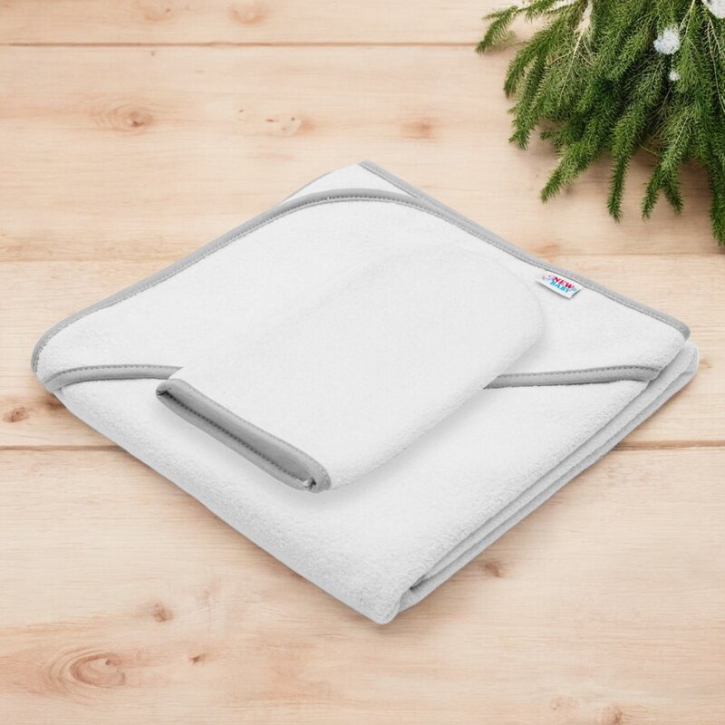 Set prosop cu gluga si manusa baie, New Baby, Dimensiune 80 x 80 cm, Basic, White-gray - gogobaby.ro