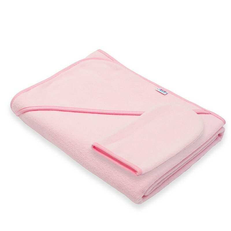 Set prosop cu gluga si manusa baie, New Baby, Dimensiune mare 100 x 100 cm, Basic, Pink - gogobaby.ro