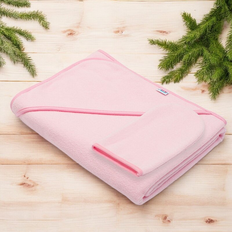 Set prosop cu gluga si manusa baie, New Baby, Dimensiune mare 100 x 100 cm, Basic, Pink - gogobaby.ro