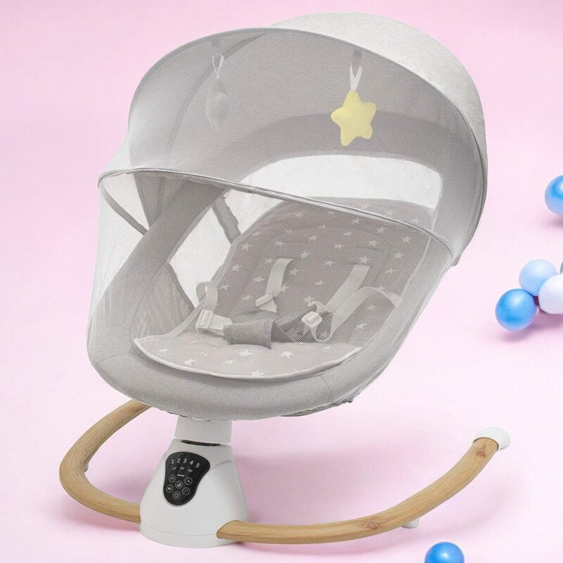 Sezlong balansoar, New Baby, Smart, Pana la 9 kg, Include cronometru si detector de miscare, Cu 5 viteze de leganare, Cu sunete si melodii, Cu 2 jucarii, 0 lun+, Grey - gogobaby.ro