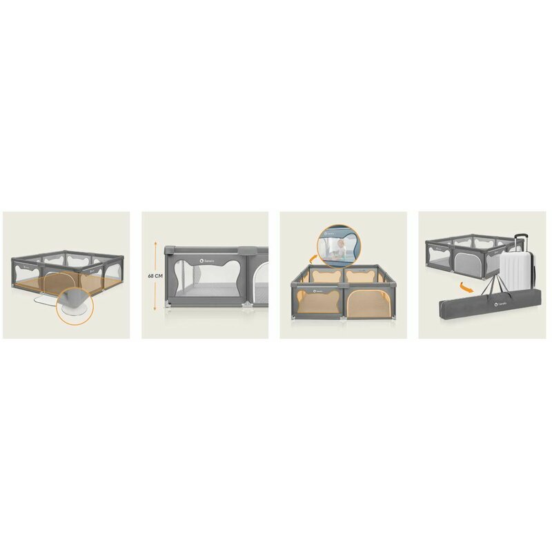 Tarc de joaca copii, Lionelo, Willow XL,180 x 200 cm, Pliere compacta, Include geanta de transport, Din plasa, Cu doua intrari laterale si fermoar, Cu ventuze pentru stabilitate, Conform cu EN 12227:2010, Gri