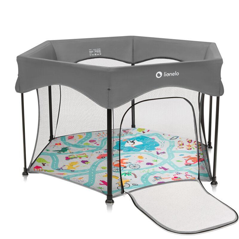 Tarc de joaca, Lionelo, Roel Plus, Pliere ultra-compacta, Sistem LockGuard impotriva plierii accidentale, Geanta de transport inclusa, Conform cu EN 12227:2010, 134x134x74 cm, 6 luni+, Multicolor - gogobaby.ro