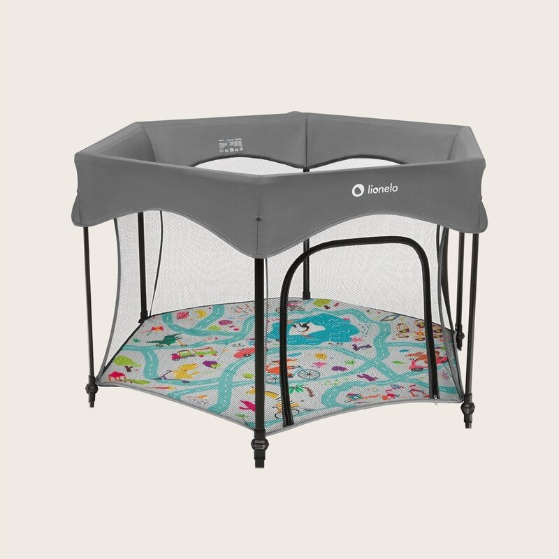 Tarc de joaca, Lionelo, Roel Plus, Pliere ultra-compacta, Sistem LockGuard impotriva plierii accidentale, Geanta de transport inclusa, Conform cu EN 12227:2010, 134x134x74 cm, 6 luni+, Multicolor - gogobaby.ro