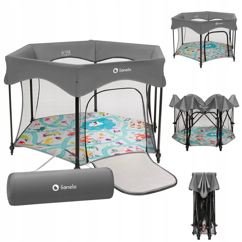 Tarc de joaca, Lionelo, Roel Plus, Pliere ultra-compacta, Sistem LockGuard impotriva plierii accidentale, Geanta de transport inclusa, Conform cu EN 12227:2010, 134x134x74 cm, 6 luni+, Multicolor - gogobaby.ro