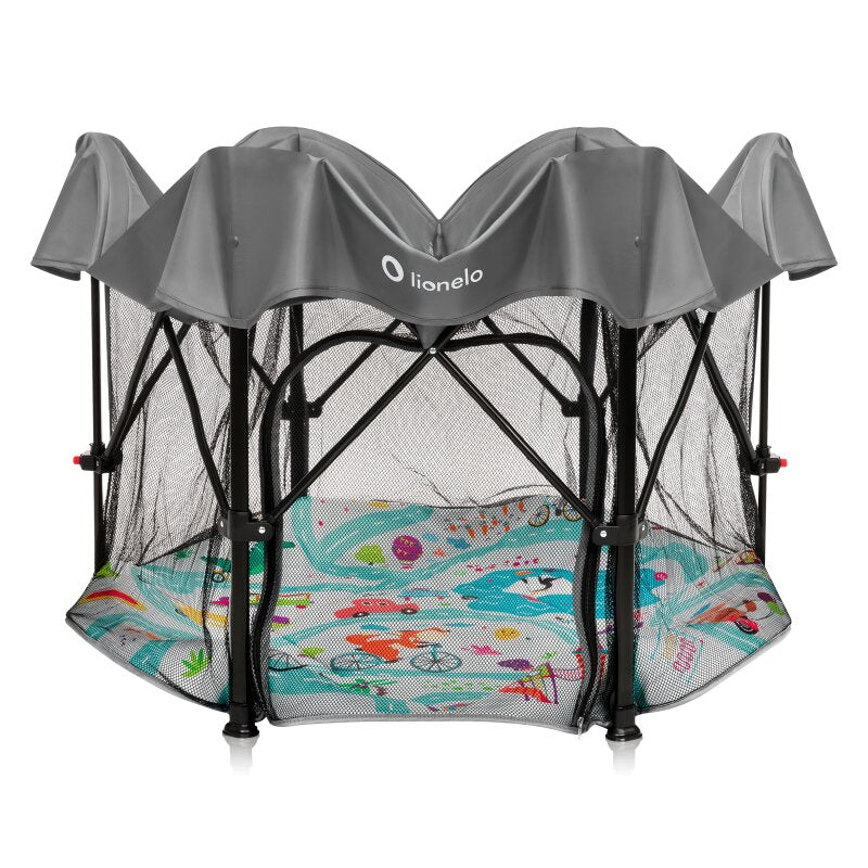Tarc de joaca, Lionelo, Roel Plus, Pliere ultra-compacta, Sistem LockGuard impotriva plierii accidentale, Geanta de transport inclusa, Conform cu EN 12227:2010, 134x134x74 cm, 6 luni+, Multicolor - gogobaby.ro