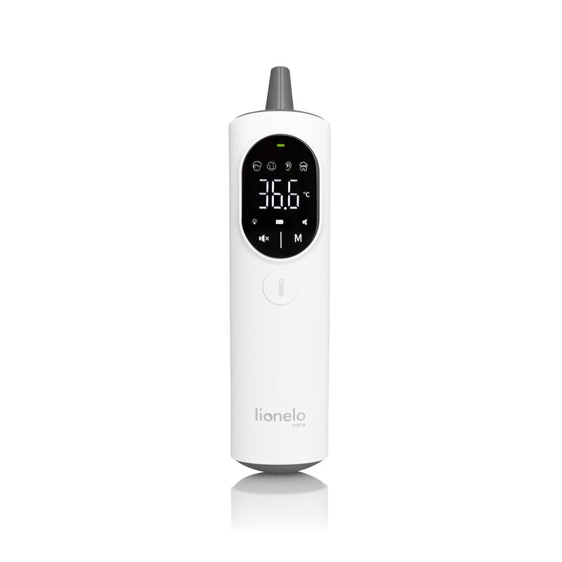 Termometru, Lionelo, FeverScan, Cu infrarosu, Fara contact, Rezultat ultrarapid, Potrivit si pentru alimente, Cu 4 moduri de functionare, Cu indicator LED si alarma sonora, Cu husa de depozitare - gogobaby.ro