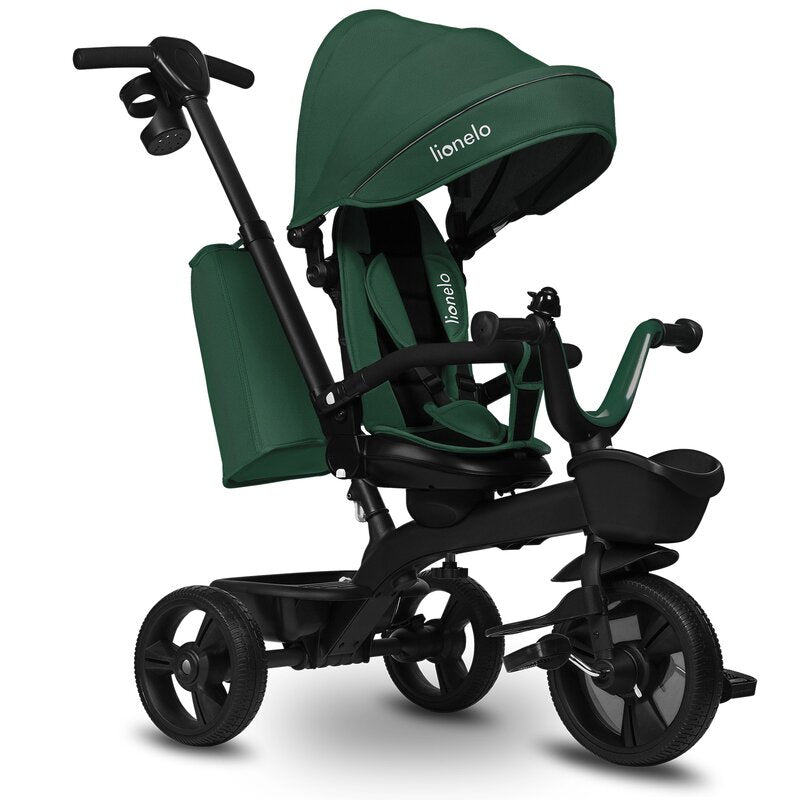 Tricicleta copii, Lionelo Kori, ultra-pliabila si multifunctionala, cu scaun rotativ 360°, control parental, suport pentru picioare si accesorii premium, Verde - gogobaby.ro