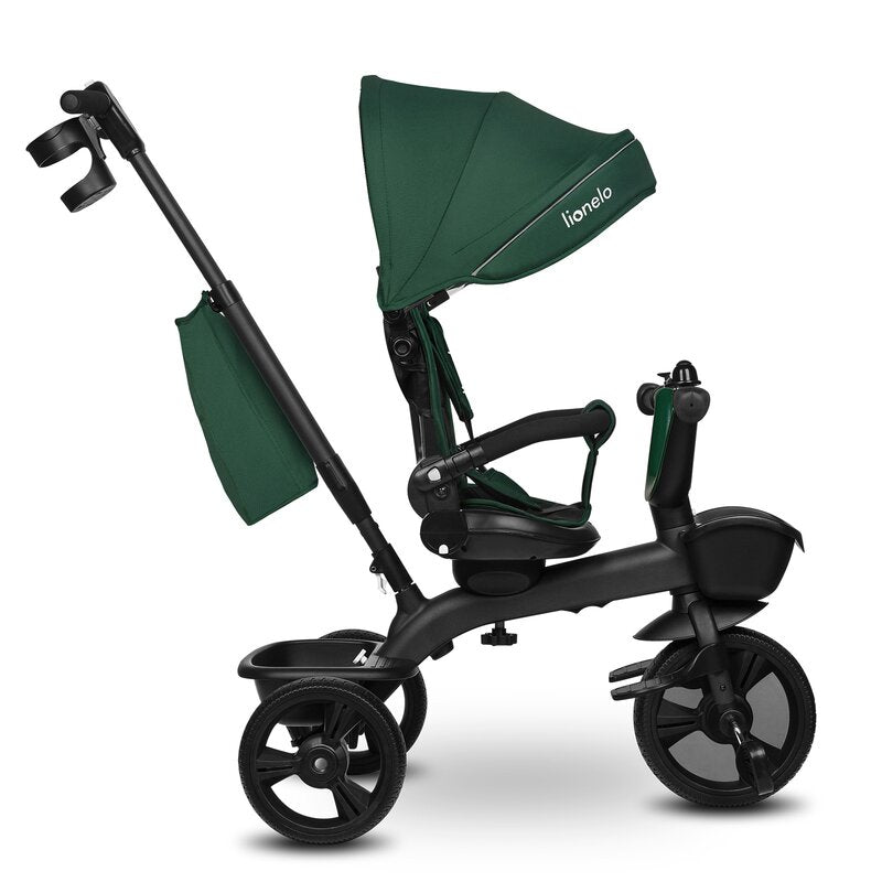 Tricicleta copii, Lionelo Kori, ultra-pliabila si multifunctionala, cu scaun rotativ 360°, control parental, suport pentru picioare si accesorii premium, Verde - gogobaby.ro