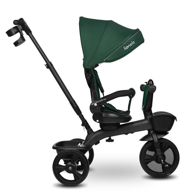Tricicleta copii, Lionelo Kori, ultra-pliabila si multifunctionala, cu scaun rotativ 360°, control parental, suport pentru picioare si accesorii premium, Verde - gogobaby.ro
