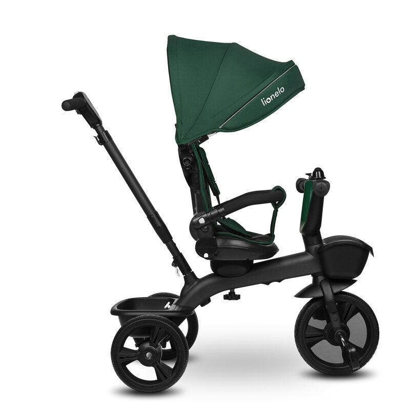 Tricicleta copii, Lionelo Kori, ultra-pliabila si multifunctionala, cu scaun rotativ 360°, control parental, suport pentru picioare si accesorii premium, Verde - gogobaby.ro