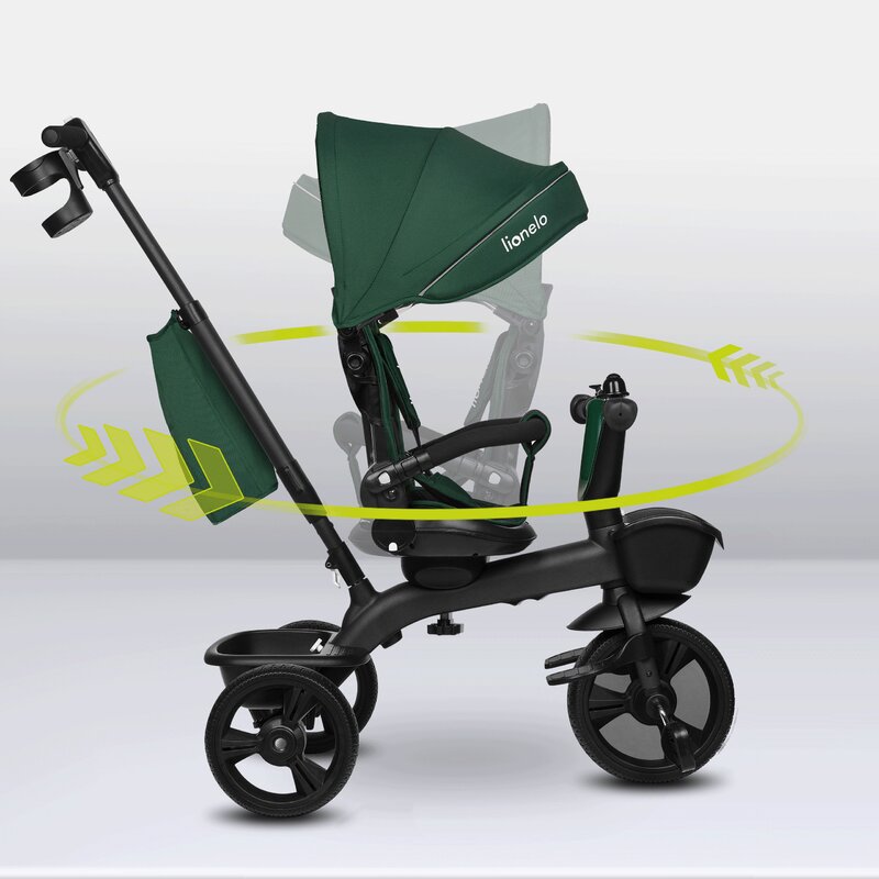 Tricicleta copii, Lionelo Kori, ultra-pliabila si multifunctionala, cu scaun rotativ 360°, control parental, suport pentru picioare si accesorii premium, Verde - gogobaby.ro